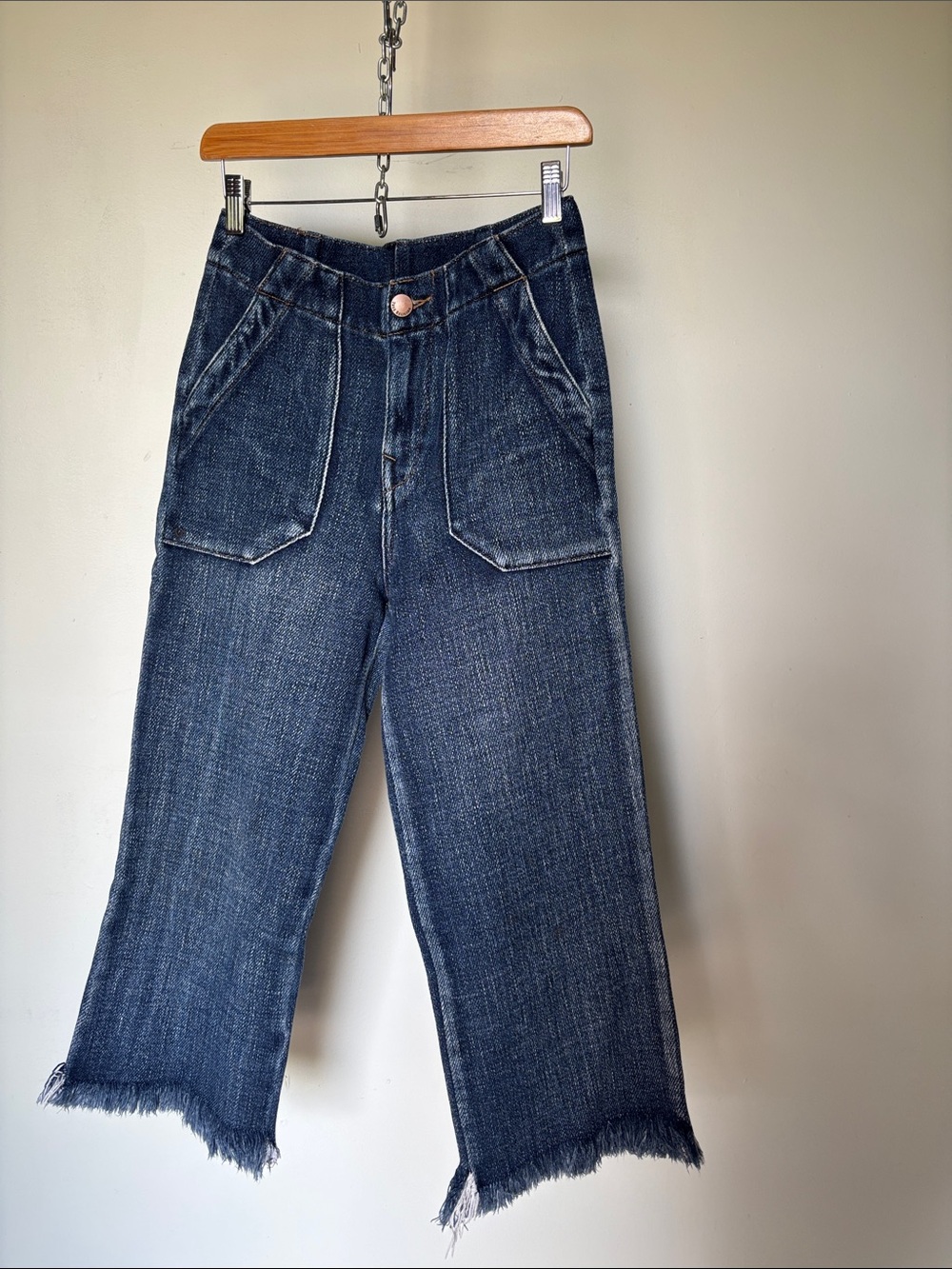 2007 True Religion Dark Blue Cropped Wide-Leg Jeans with Frayed Hem